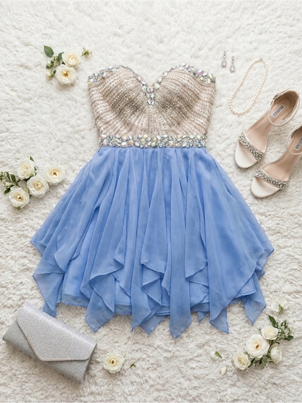 Sparkle Beaded Bodice Blue Chiffon Dress